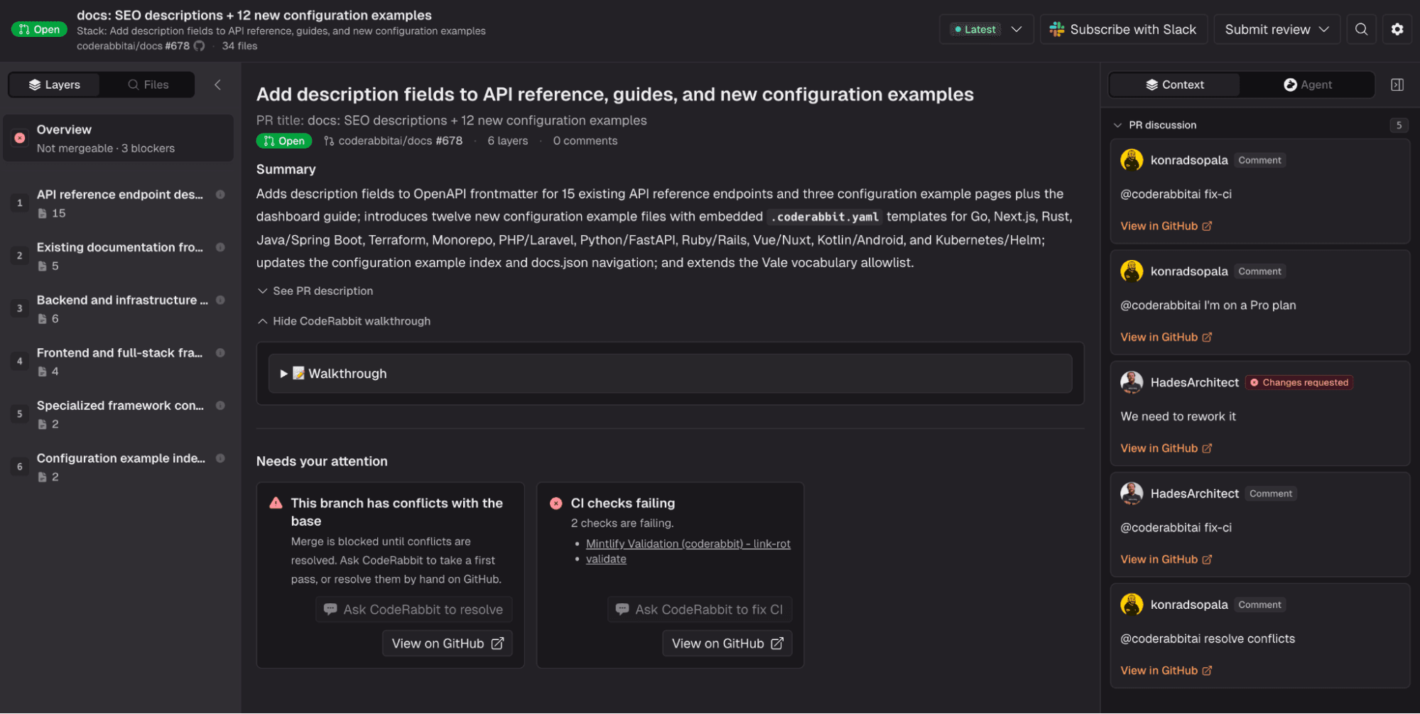 API 레퍼런스 문서에 설명 필드를 추가하는 풀 리퀘스트를 보여주는 GitHub 화면