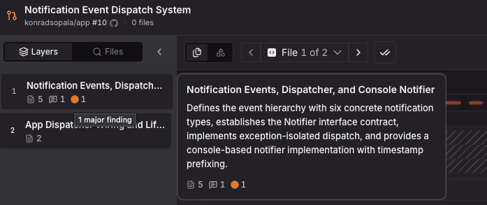 다크 UI에 'Notification Event Dispatch System'과 'Notification Events' 설명이 표시된 화면