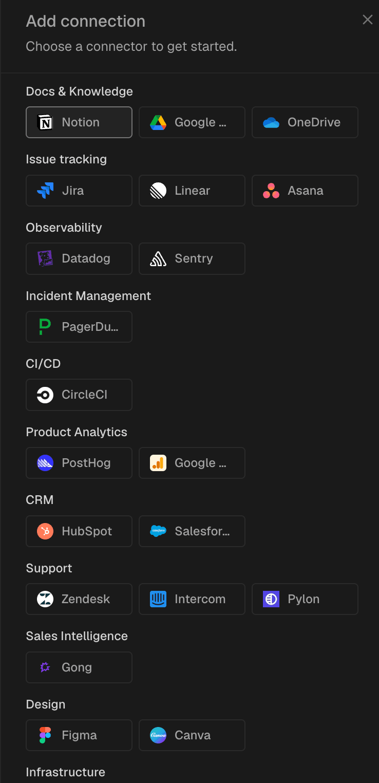 Notion, Jira, Datadog, Figma 등 다양한 연동을 추가하는 화면