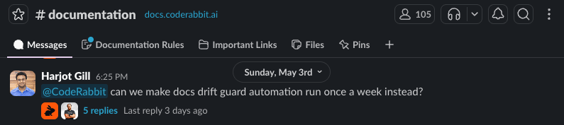 주간 문서 드리프트 가드 자동화에 대해 묻는 Slack 메시지