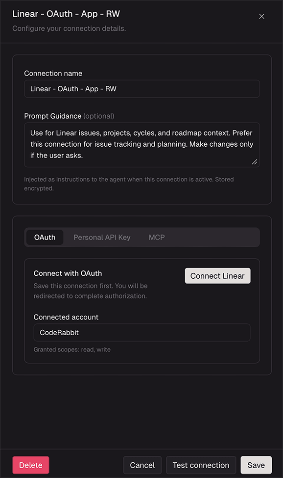 GitHub와 함께 Linear 커넥션을 설정하는 다크 모드 화면