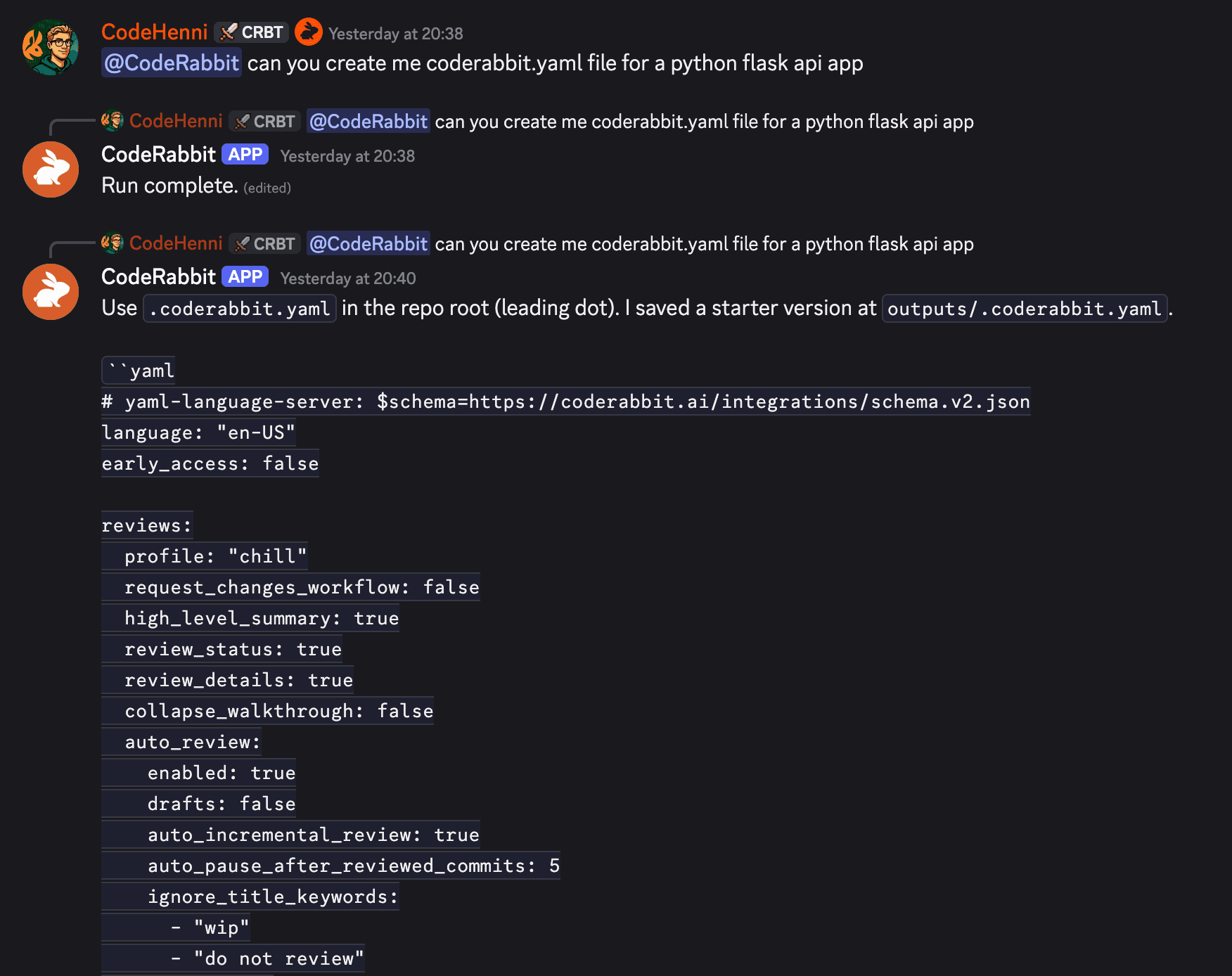 Python Flask 앱용 YAML 설정 파일을 만들어 주는 CodeRabbit 봇의 Discord 채팅 화면