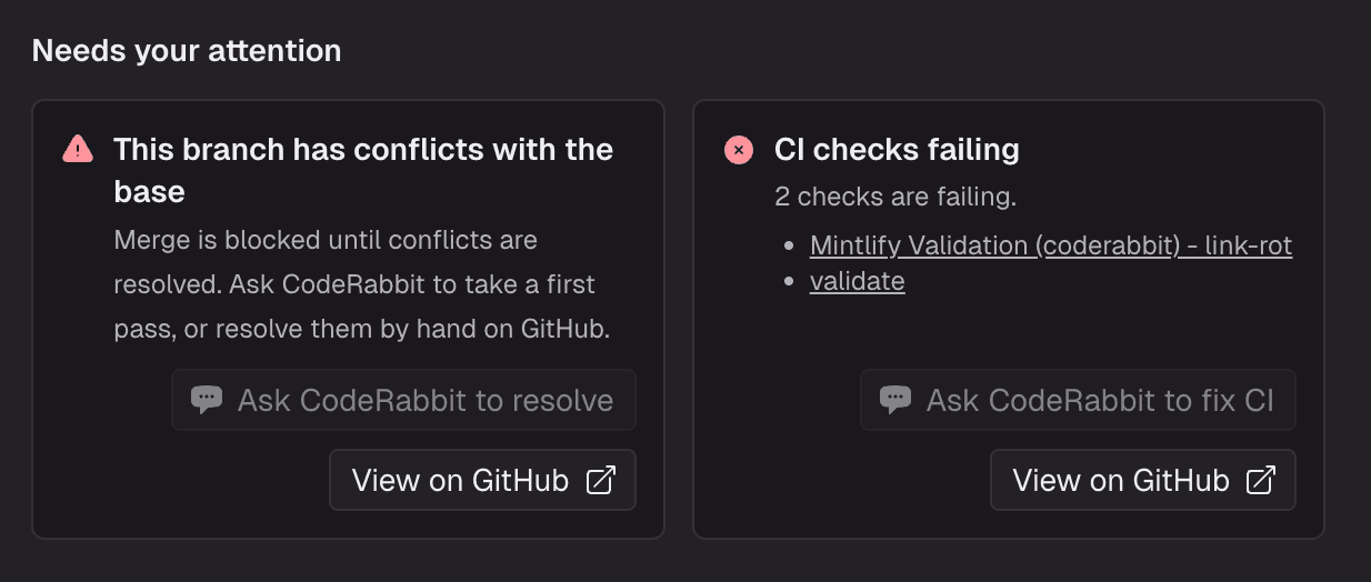 충돌이 있는 브랜치와 두 개의 실패한 CI 체크 경고를 보여 주는 GitHub 화면