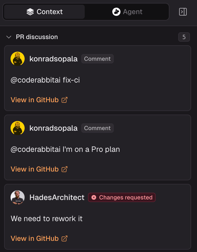 사용자 코멘트와 'Changes requested' 상태를 보여 주는 GitHub PR 대화 화면