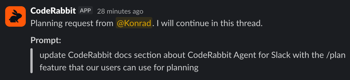 Agent for Slack의 /plan 기능 문서 업데이트를 요청하는 CodeRabbit 앱 화면