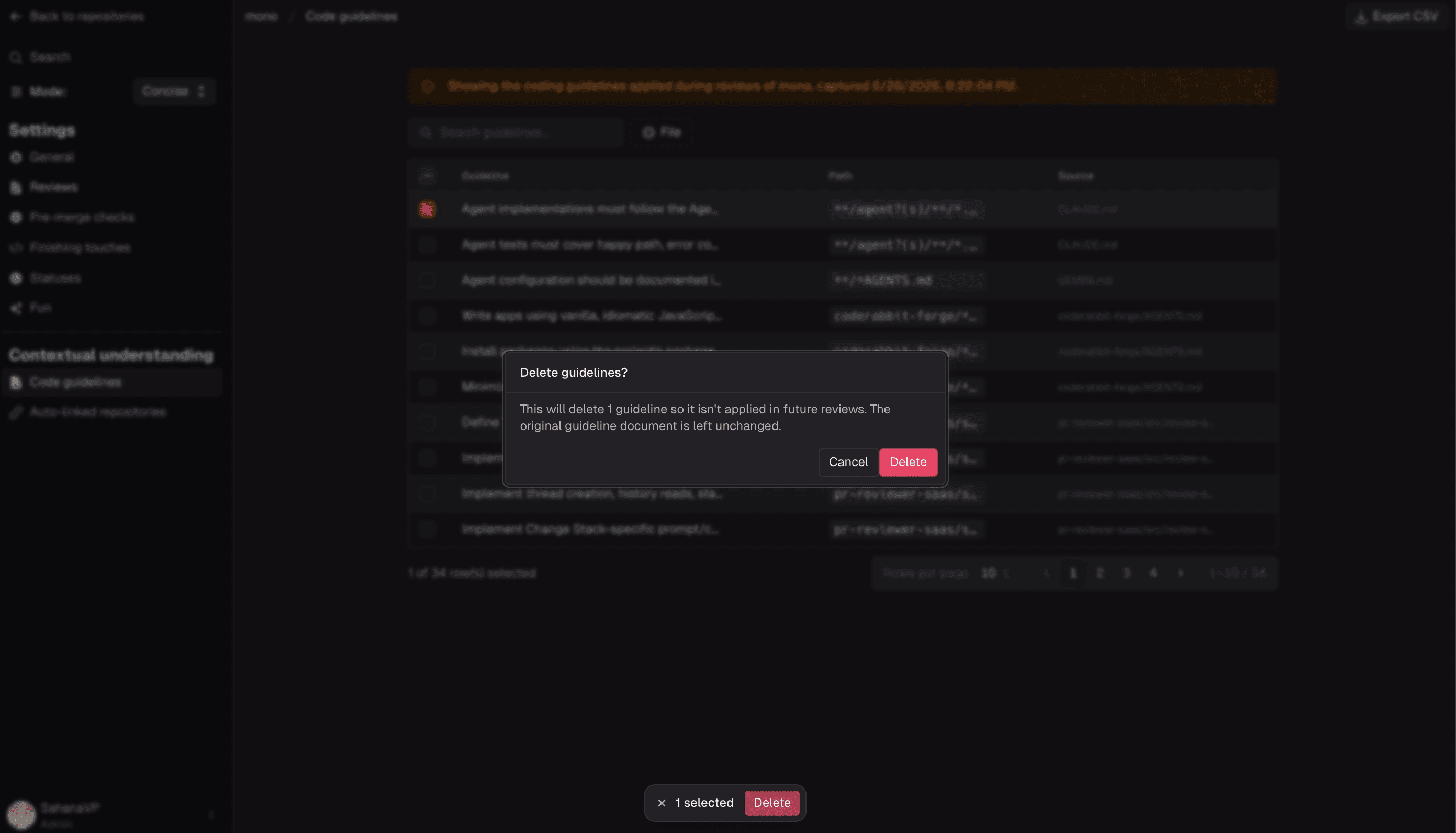 'Delete guideline?' 확인 모달과 삭제가 다음 업데이트에 미치는 영향을 설명하는 CodeRabbit의 어두운 UI